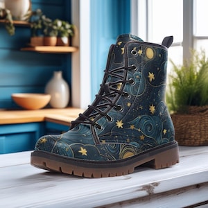 Starry Night Celestial Vegan Combat Boots for Women, Witchy Moon and Stars Galaxy Print Boots, Artistic Fall Boots, Boho Fairy Grunge Boots