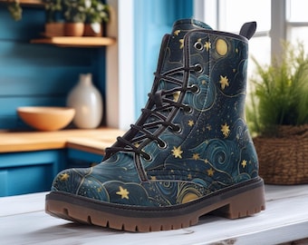 Starry Night Vegan Combat Boots: Celestial Galaxy Print, Boho Fairy Grunge