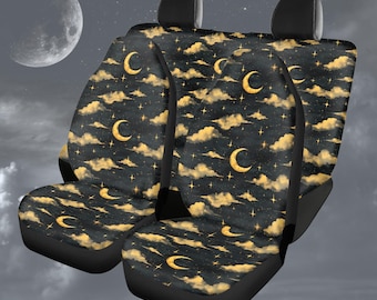 Whimsigoth Car Seat Covers, Boho Waterproof Celestial Moon & Stars, Gothic Witchy Aesthetic Auto Decor, Spooky Cute Car Accessories Set Gift
