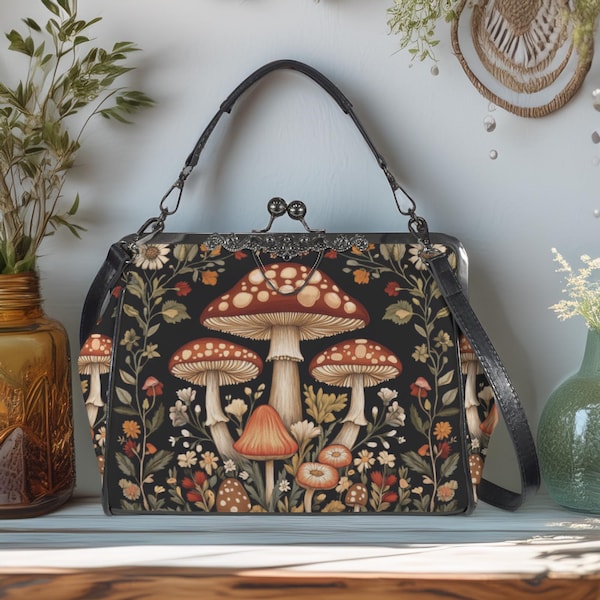 ヴィンテージ マッシュルーム＆フラワー キスロック パース：フォレスト コテージコア クロスボディバッグ
