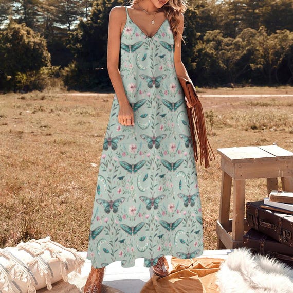 mint boho dress Celestial Green Butterflies Maxi Dress, Cottagecore Moon Phase Sundress, Witchy Floral Dress, Fairycore Nature Aesthetic Outfit Boho maxi dress