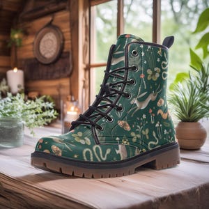 Goblincore Boots, Fairy Forest Animals Boot, Vegan Combat Boots, Deep Green Magic Woods Creature Boot, Cottagecore Mushroom Forestcore Boots