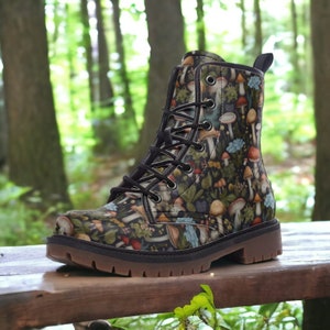 Goblincore Boots, Woodland Mushrooms Combat Boot, Vegan Combat Boots, Witchcore Festival Club Boot, Faecore Mushrooms Flowers Print Boots,