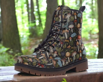 Goblincore Boots, Woodland Mushrooms Combat Boot, Vegan Combat Boots, Witchcore Festival Club Boot, Faecore Mushrooms Flowers Print Boots,
