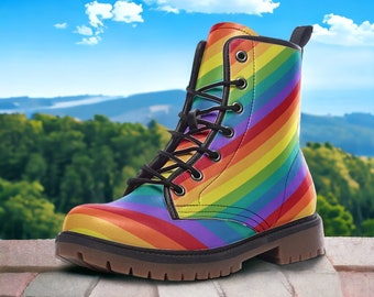 Rainbow Boots, Rainbow Stripes Vegan Leather Combat Boots, Pride Boots, LGBTQ Pride Parade Boots, Unisex Rainbow Boots, Kidcore Rainbowcore