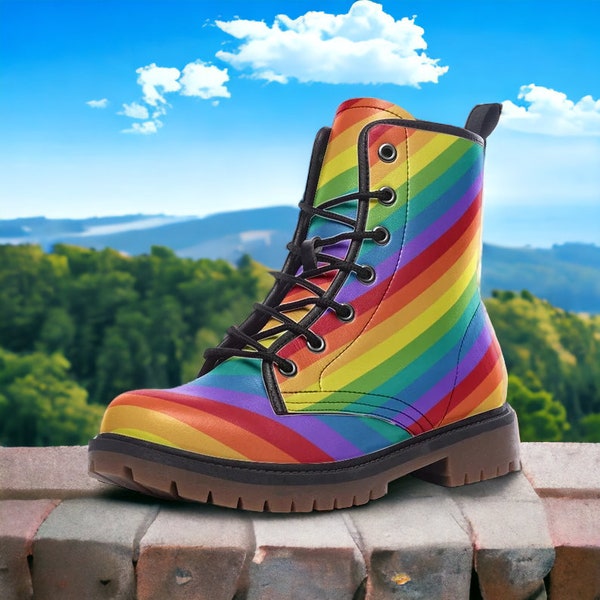 Rainbow Boots, Rainbow Stripes Vegan Leather Combat Boots, Pride Boots, LGBTQ Pride Parade Boots, Unisex Rainbow Boots, Kidcore Rainbowcore