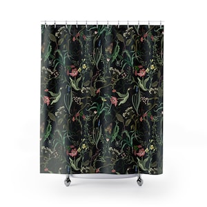 Dark Moody Floral Shower Curtain & Bath Mat, Dark Nature Floral Bathroom Decor, Dark Cottagecore Bathroom, Witchy Cottage Bathroom Decor image 2