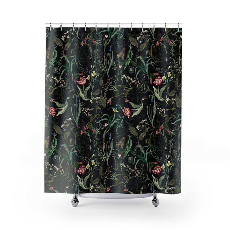 Dark Moody Floral Shower Curtain & Bath Mat, Dark Nature Floral Bathroom Decor, Dark Cottagecore Bathroom, Witchy Cottage Bathroom Decor image 2