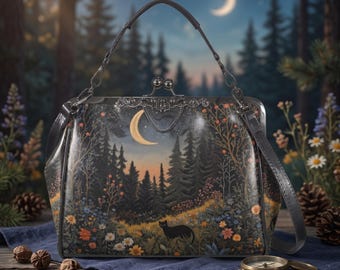 Cottagecore Black Cat Kisslock Bag: Moonlit Forest Purse