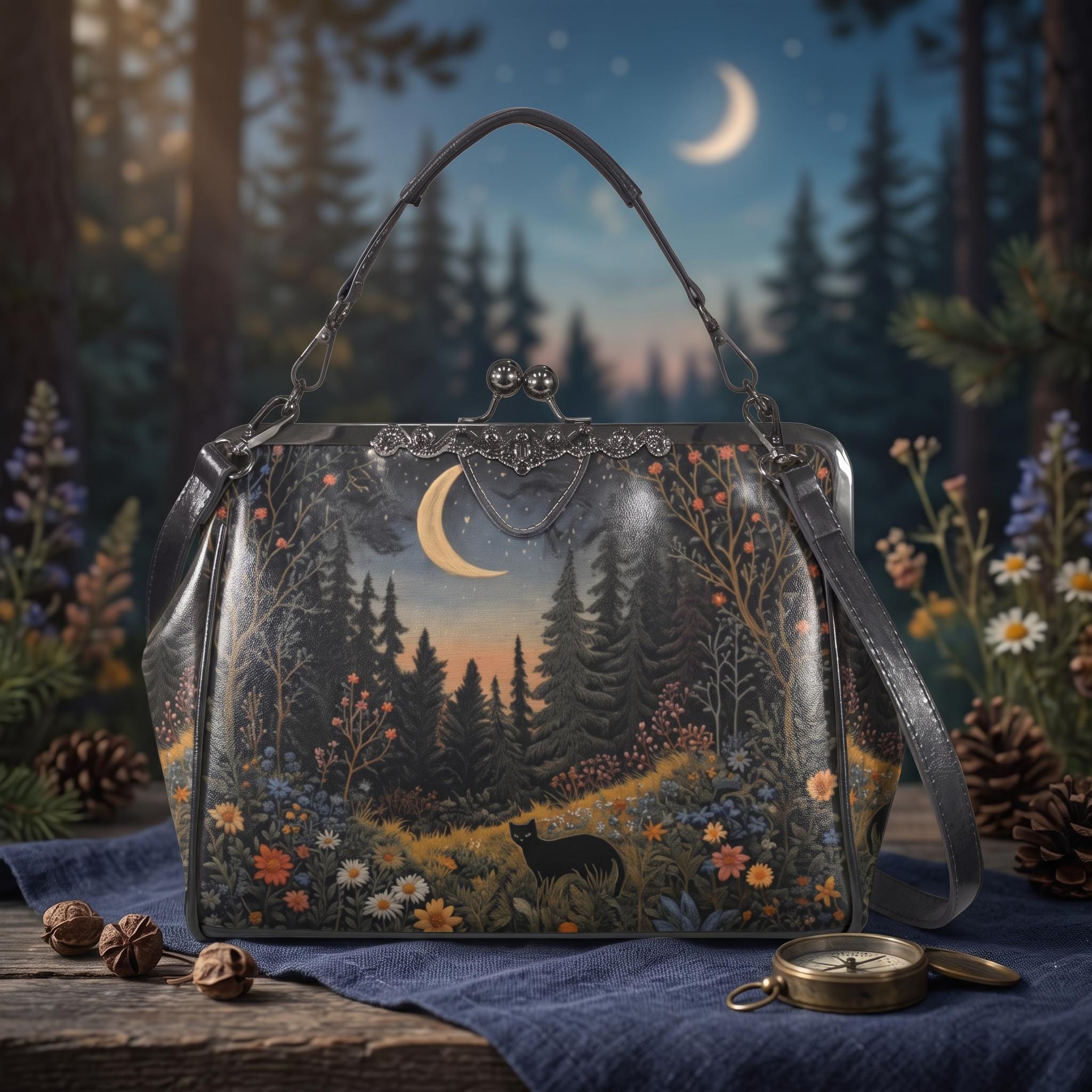 Cottagecore Black Cat Kisslock Bag: Moonlit Forest Purse - Etsy
