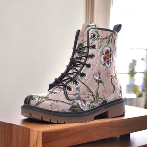 Pink & White Floral Vegan Combat Boots, Boho Floral Boots, Garden Floral Festival Boots, Bohemian Boho Boots, Faux Leather Cottagecore Boots