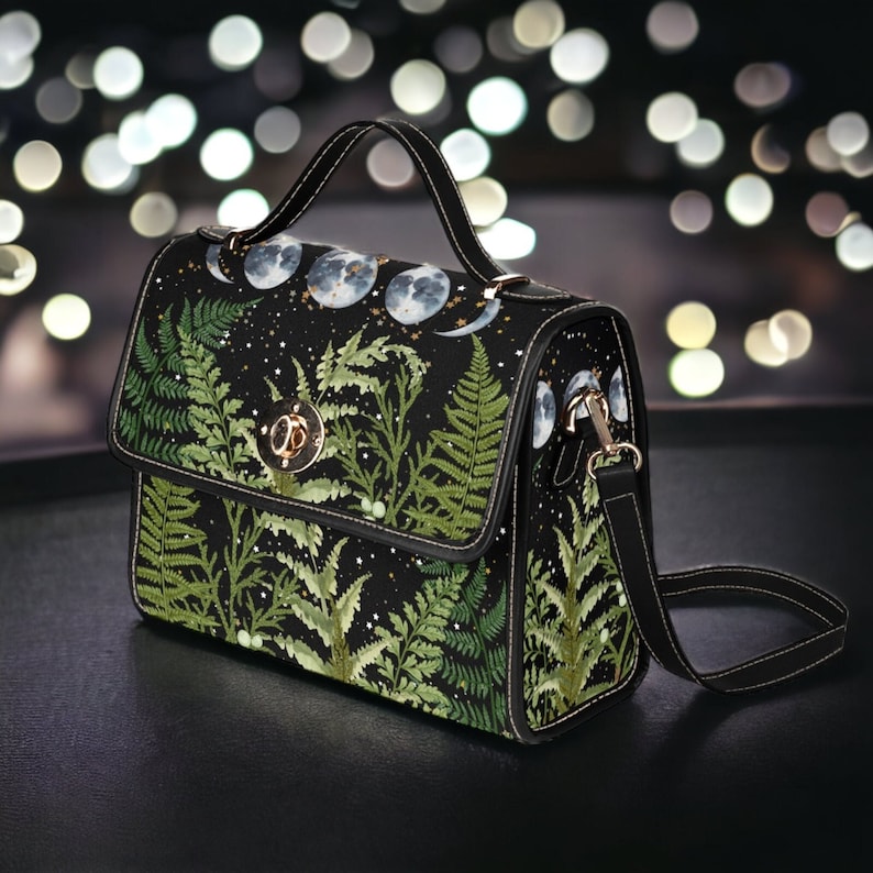 Boho Dark Forest Fern Moons Witchy Canvas Satchel bag, Boho Crossbody Celestial Forest purse, Dark Cottagecore Ferns Hippie Witch Handbag image 1