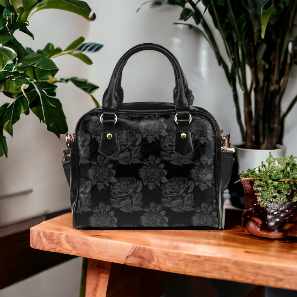 Gothic Black Roses Handbag, Dark Cottagecore Vegan Leather Cross