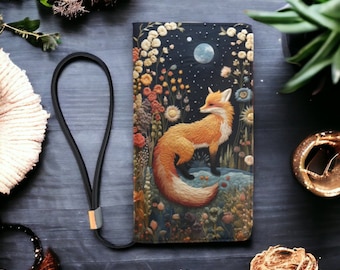 Faux-Embroidered Fox Clutch Wallet & Handbag, Boho Cottagecore Witchy Fox Purse, Naturecore Fox Floral HandBag, Dark Forestcore Fox Wallet