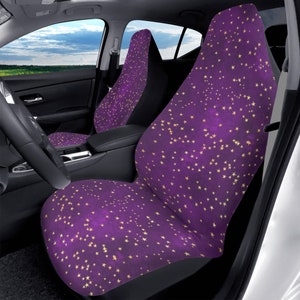 Mystical Purple and Gold Stars Car Accessories, Magical Fairy Gold Stars Car Seat Covers, Headrest Steering Wheel, Cute Witchy Car Decor Set