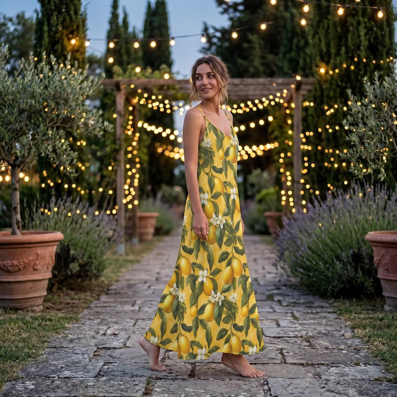 May include: A yellow sundress with a lemon print. The dress has thin straps and a flowing skirt. The background features a stone path, potted plants, and string lights, creating a warm, inviting atmosphere.