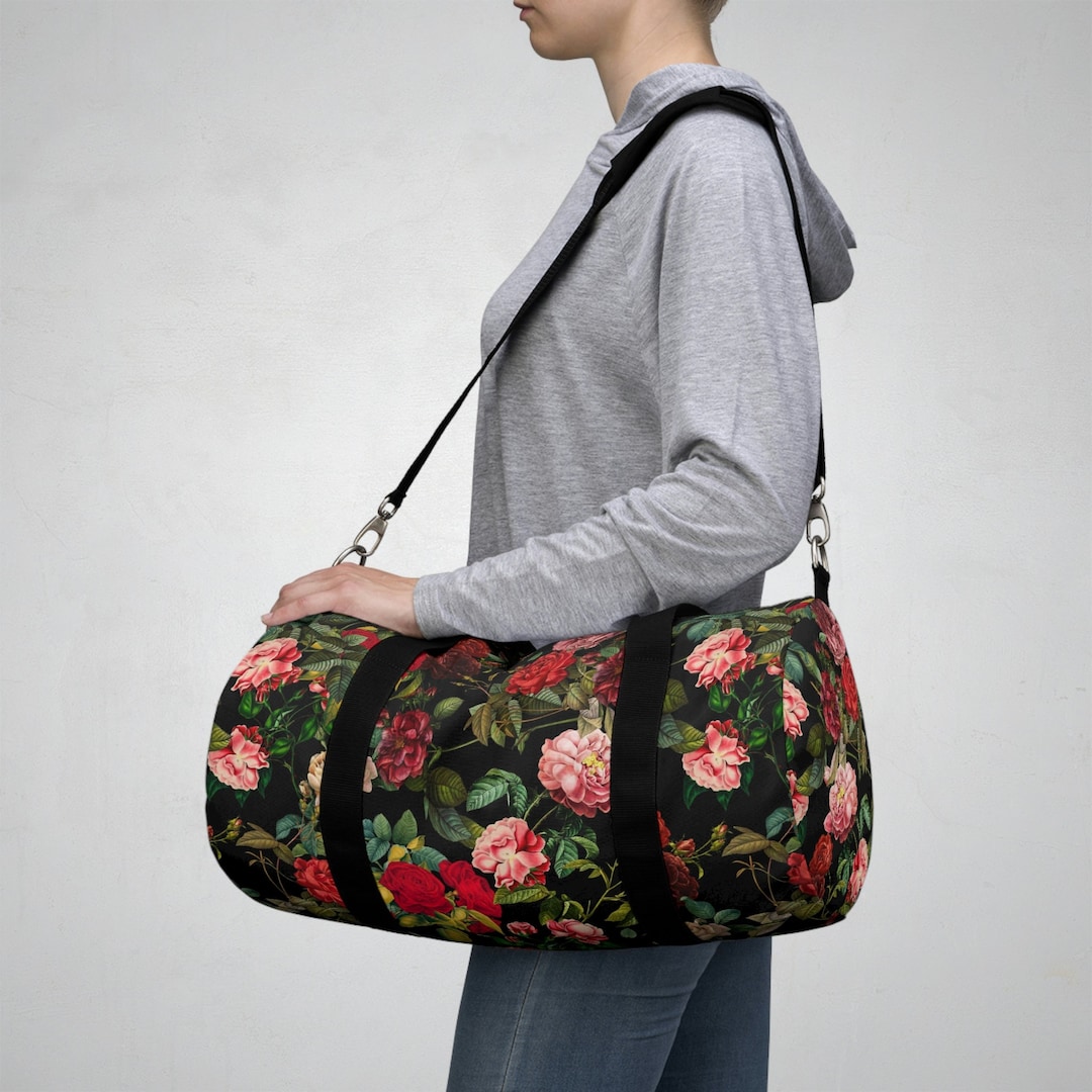 Vintage Dark Roses Whimsigoth Duffel Bag, Dark Cottagecore Duffel Bag