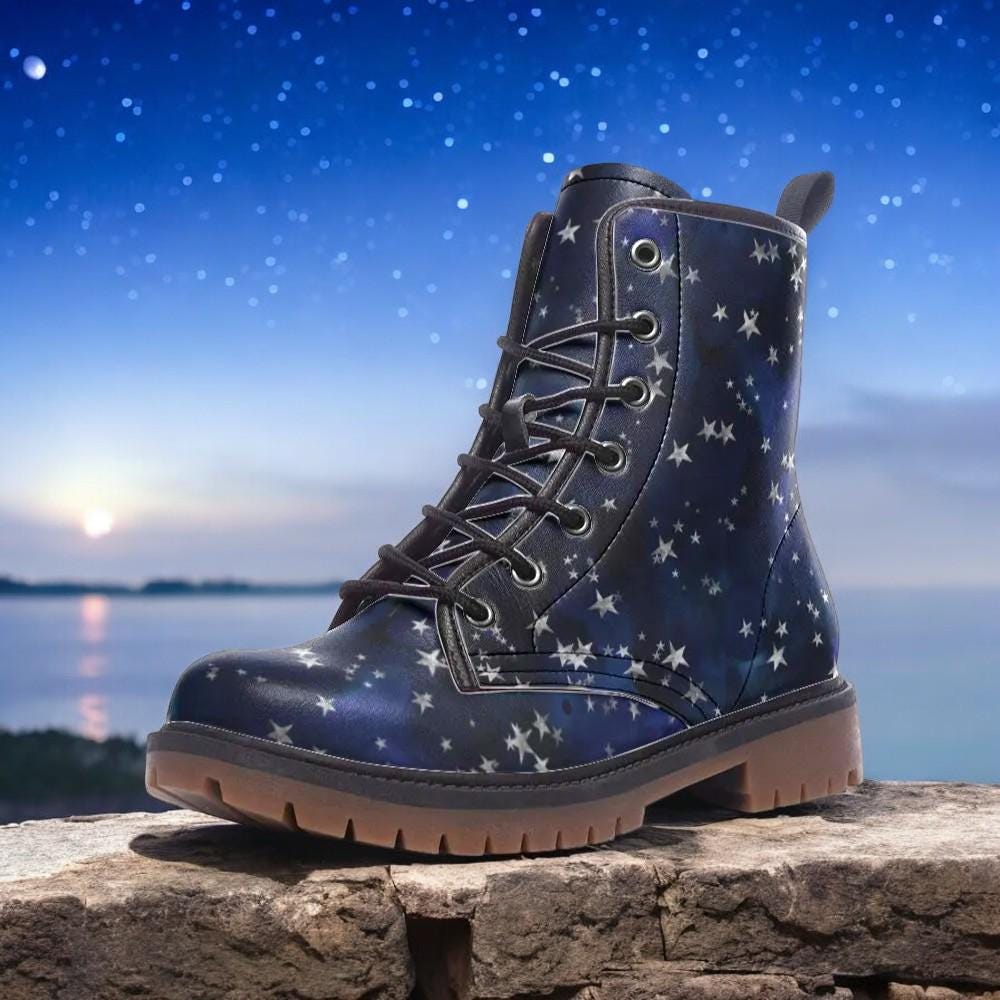 black blueish combat boots Black Blue Ombre Women Leather Boots, Gradient Lace up Shoes  main image 4