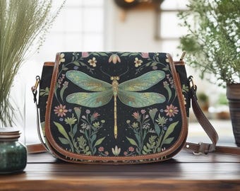 Torebka na ramię z motywem ważki, torebka z motywem wiedźmiej ważki, torebka botaniczna Cottagecore, torebka vintage inspirowana naturą, torba ogrodowa boho Fairycore