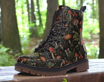 Dark Forest Mushrooms Vegan Combat Boot, Goblincore Combat Boots, Witchcore Festival Ren Faire Boot, Faecore Mushroomcore Forest Witch Boots