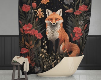 May include: A shower curtain featuring a red fox with a white chest and tail, standing in a field of red and white flowers against a dark background with gold glitter.