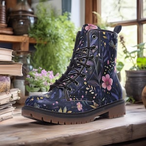 Whimsical Night Garden Floral Vegan Combat Boots, Pretty Punk Cottagecore Dark Botanical Lace-Up Boots, Ethereal Mystical Witchy Floral Boot