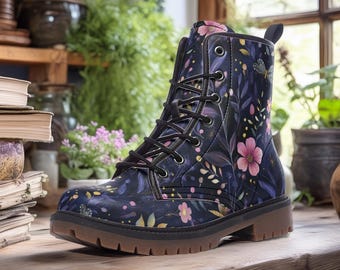 Whimsical Night Garden Floral Vegan Combat Boots, Pretty Punk Cottagecore Dark Botanical Lace-Up Boots, Ethereal Mystical Witchy Floral Boot