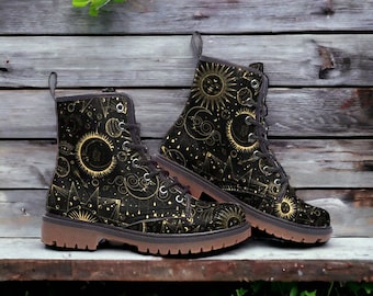 Zodiac Celestial Vegan Combat Boots, Celestial Boots, Mystical Combat Boots, Witchcore Boots, Witchy Clubwear, Whimsigoth Festival Boots