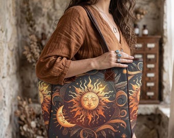 Borsa Boho Celestial Tote, Borsa a spalla stregata, Borsa a spalla oversize, Borsa hippie mistica del sole e della luna, Estetica Whimsigoth