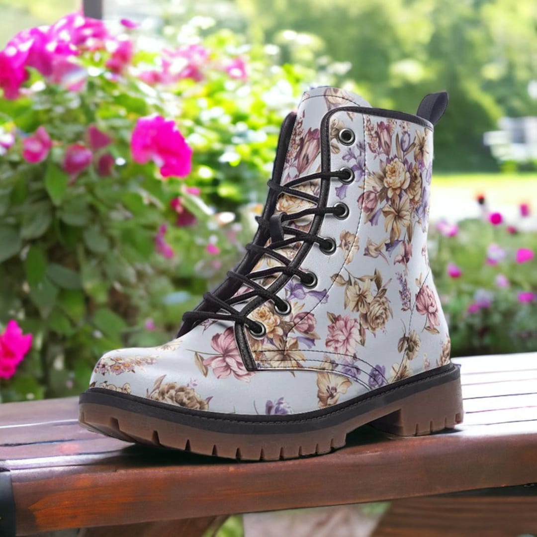 Pastel Floral Vegan Leather Combat Boots Country Floral Boots Cottagecore Floral Boots Witchy Floral Boots Faux Leather Boho Club Boots Etsy