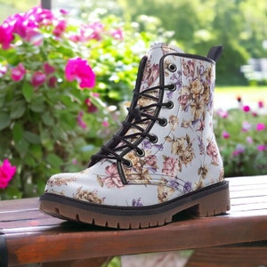 Pastel Floral Vegan Leather Combat Boots, Country Floral boots, Cottagecore Floral Boots, Witchy Floral Boots, Faux Leather Boho Club Boots