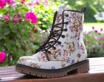 Pastel Floral Vegan Leather Combat Boots, Country Floral boots, Cottagecore Floral Boots, Witchy Floral Boots, Faux Leather Boho Bride Boots
