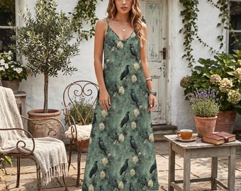 Gothic Raven Maxi Dress, Dark Cottagecore V-Neck Spaghetti Strap Dress with Cream Roses and Crows, Witchy Hippie Aesthetic Summer Dress