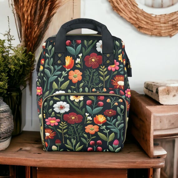 Faux Embroidery Cheerful Folk Flowers Backpack, Floral  display picture 2