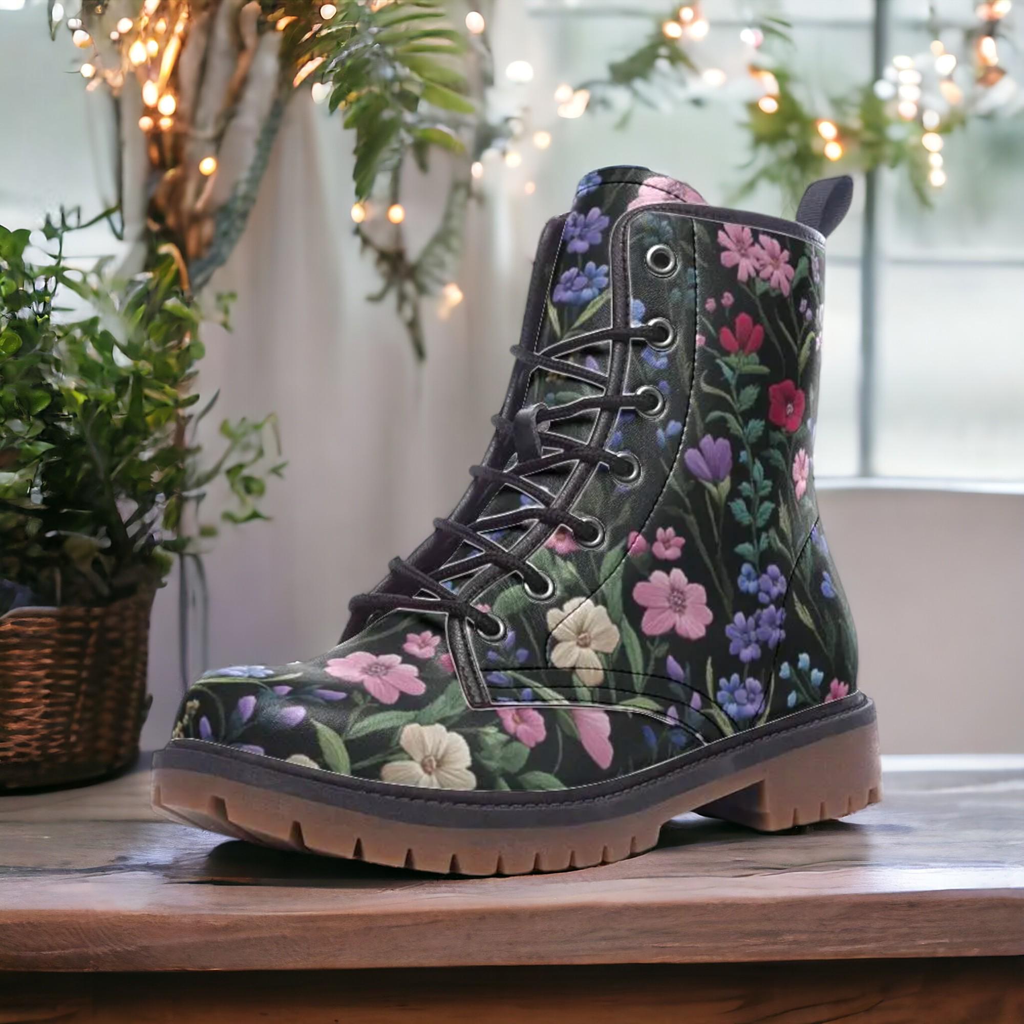 Dark Faux Embroidered Garden Flowers Vegan Leather Combat Boots