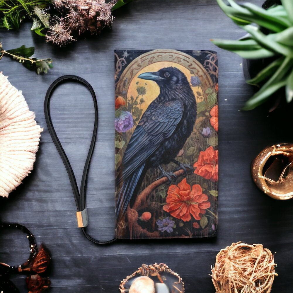 Dark Cottage Goth Witchy Crow & Floral Wallet, Dark Cottagecore Crowcore Clutch Wallet, Wiccan Crow Dark Floral Boho Witchcore Zipper Clutch
