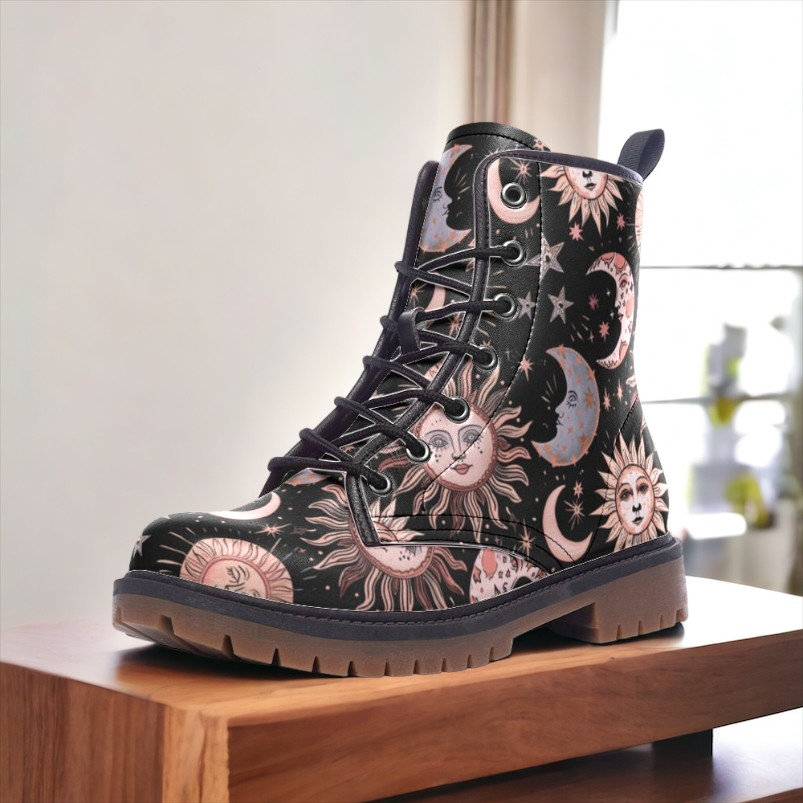 Celestial Suns Moons Witchy Vegan Combat Boots, Faux Leather Boots