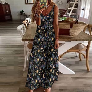 Celestial Night Garden Maxi Dress, Botanical Moons Ankle Dress, Witchy Boho Dress, Fairy Ethereal Dress, Whimsigoth Maxi Summer Boho Dress