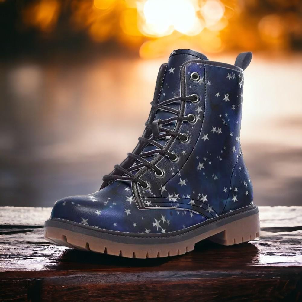 Deep Blue W Silver Stars Vegan Combat Boots, Celestial Boots  display picture 2