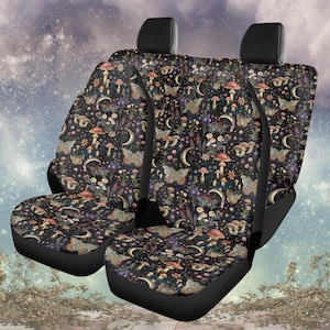 Trippy Mushroom Car Seat Covers, Waterproof, Front & Back Set, Psychedelic Butterflies, Flowers, Celestial, Boho Cosmic Aesthetic Car Decor