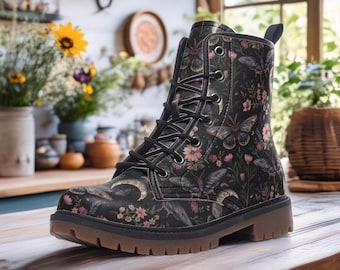 Night Garden Vegan Faux Leather Combat Boots, Mystical Moth Moons Boot, Celestial Garden ,Witchy Women Gifts, Whimsigoth Boots, Fairy Grunge
