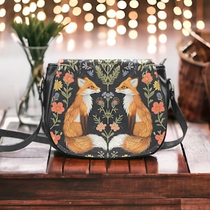 Sac cavalière avec fleurs et renards jumeaux simili brodés, sac à main renard sorcier bohème cottagecore, sac à main floral renard, sac à main à bandoulière renard Forest Fables