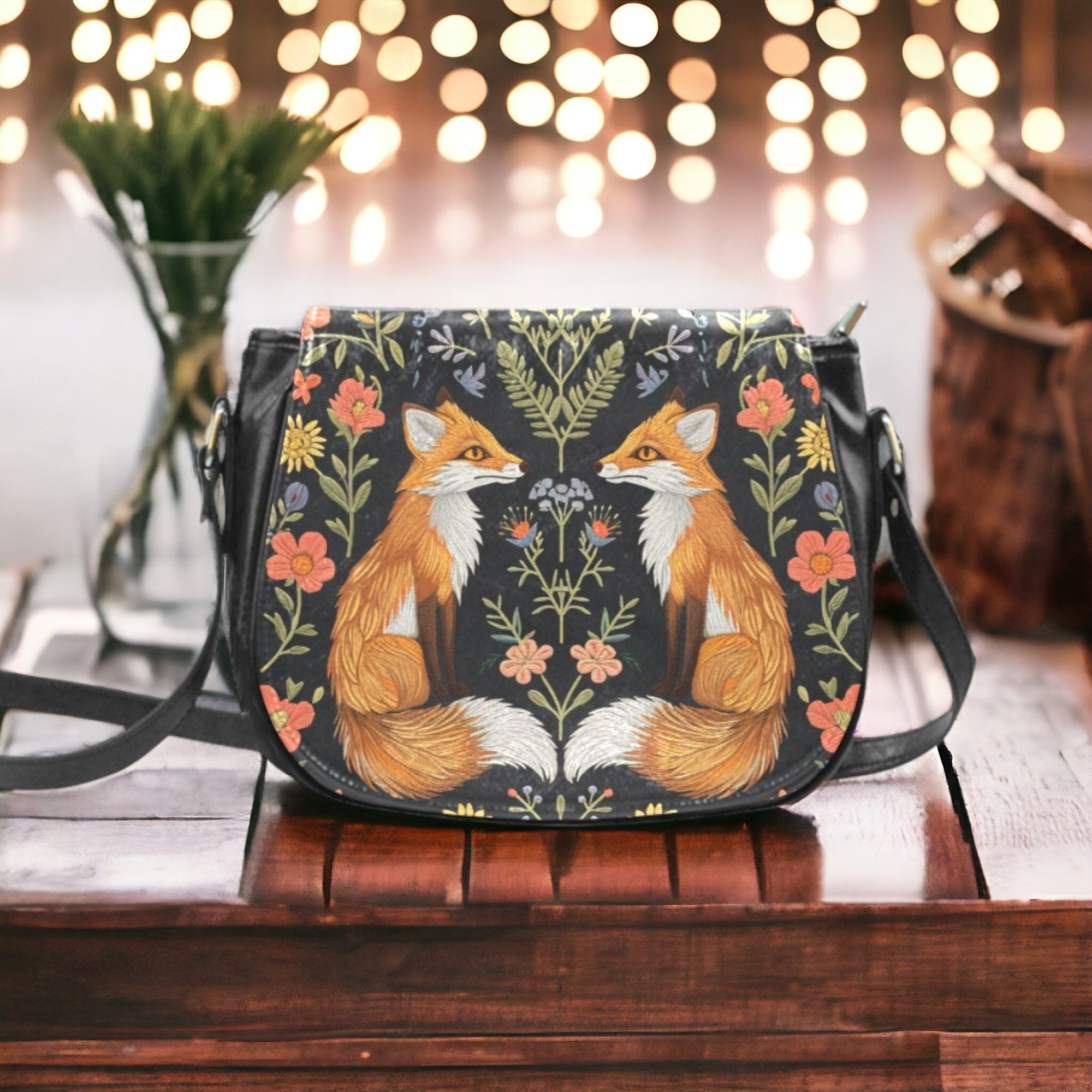 Faux-embroidered Twin Foxes & Flowers Saddle Bag, Boho