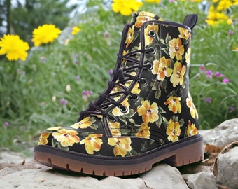 Boho Floral Vegan Boots, Black w Yellow Flowers Boots, Wildflower Boots, Faux Leather Boots, Bohemian Boots, Vegan Dark Cottagecore Boots