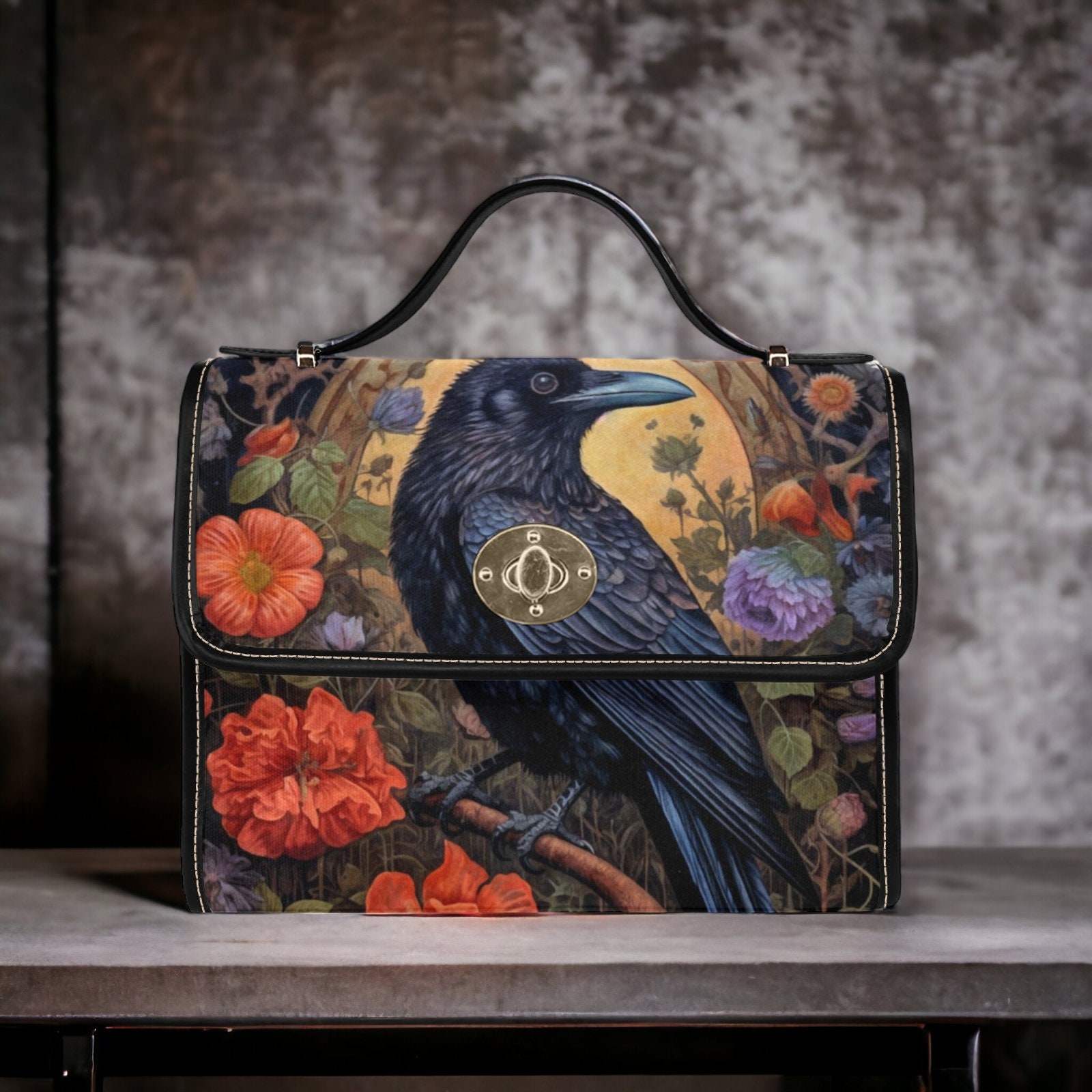 Dark Cottage Goth Witchy Crow and Floral Satchel, Dark Cottagecore