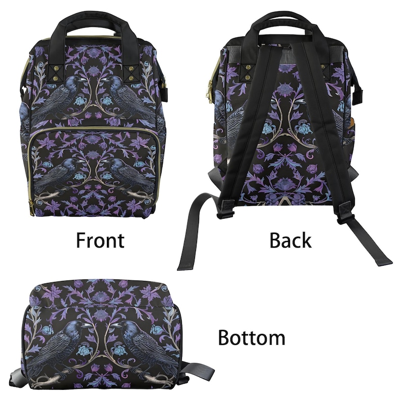 May include: A black backpack with adjustable straps. The backpack has a floral pattern with purple, blue, and gold accents. The pattern features ravens and vines. The backpack has a front pocket and a side pocket.