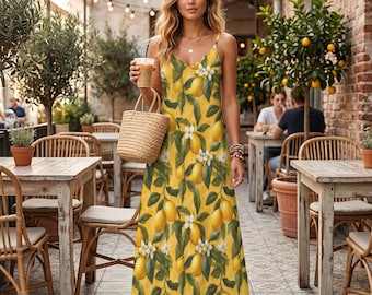 Boho Lemon Blossoms Cottagecore Ankle Sling Dress, Lemons Maxi Dress, Boho Vintage Floral Dress, Summer Yellow Maxi Dress, Boho Summer Dress