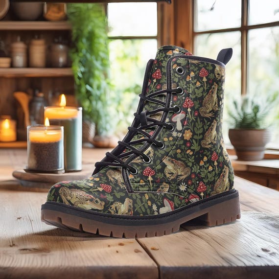 Magic Toads & Mushrooms Vegan Boots, Cottage Toads Fairy Grunge