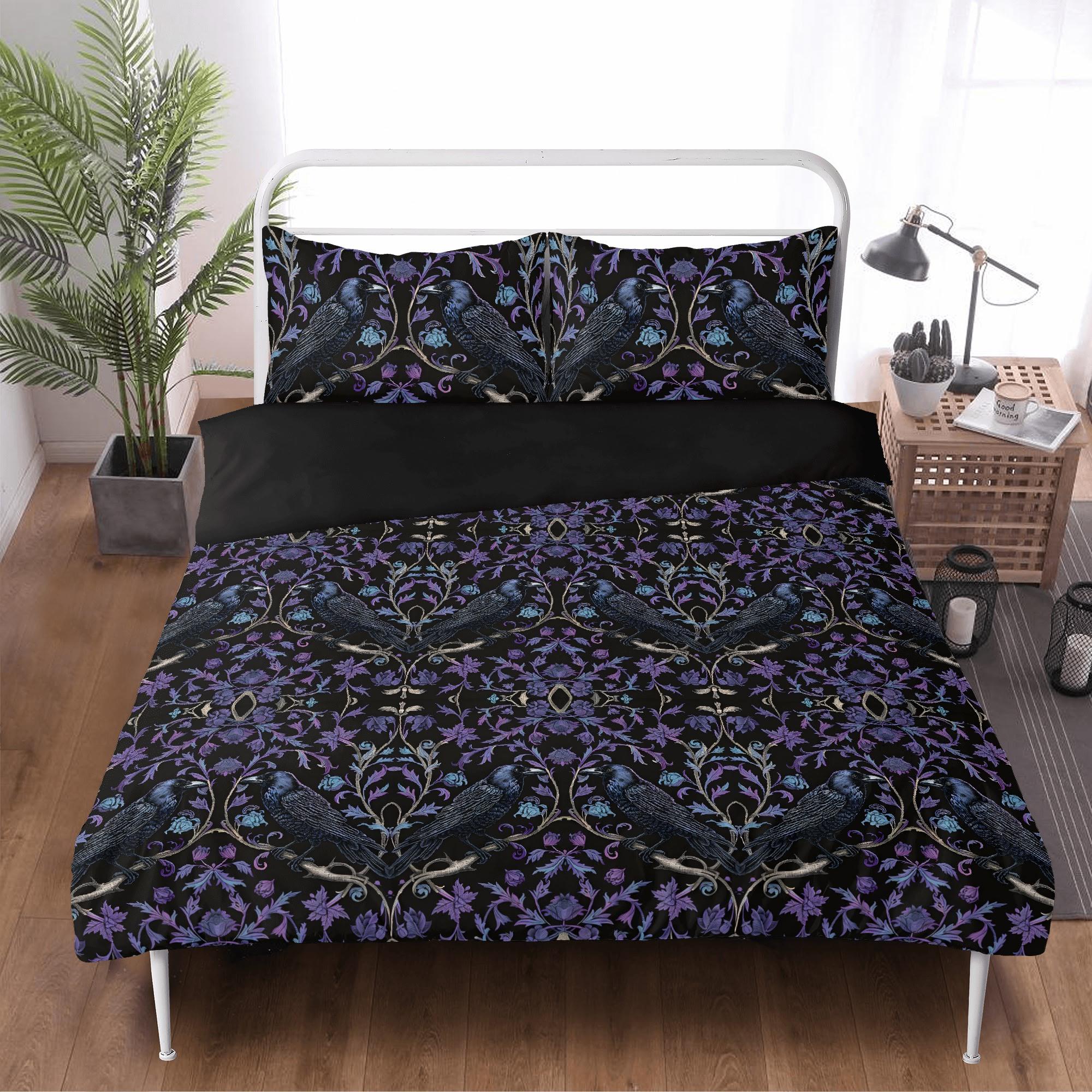 Gothic Raven Duvet Cover Set, Witchy Crowcore Aesthetic, Dark Academia Bedroom Decor, Spooky 3-Piece Bedding, Occult & Macabre Home Decor