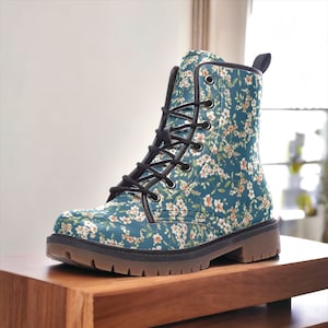Blue & White Floral Vegan Combat Boots, Boho Floral Boots, Country Floral Festival Boot, Ditsy Floral Boots, Faux Leather Cottagecore Boots
